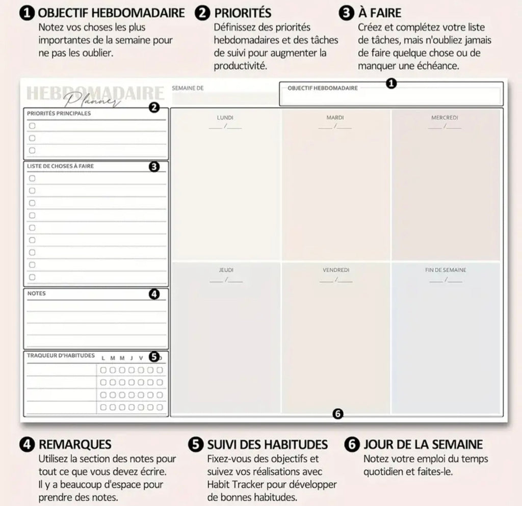 Planificateur hebdomadaire A4– Stylo motivant offert