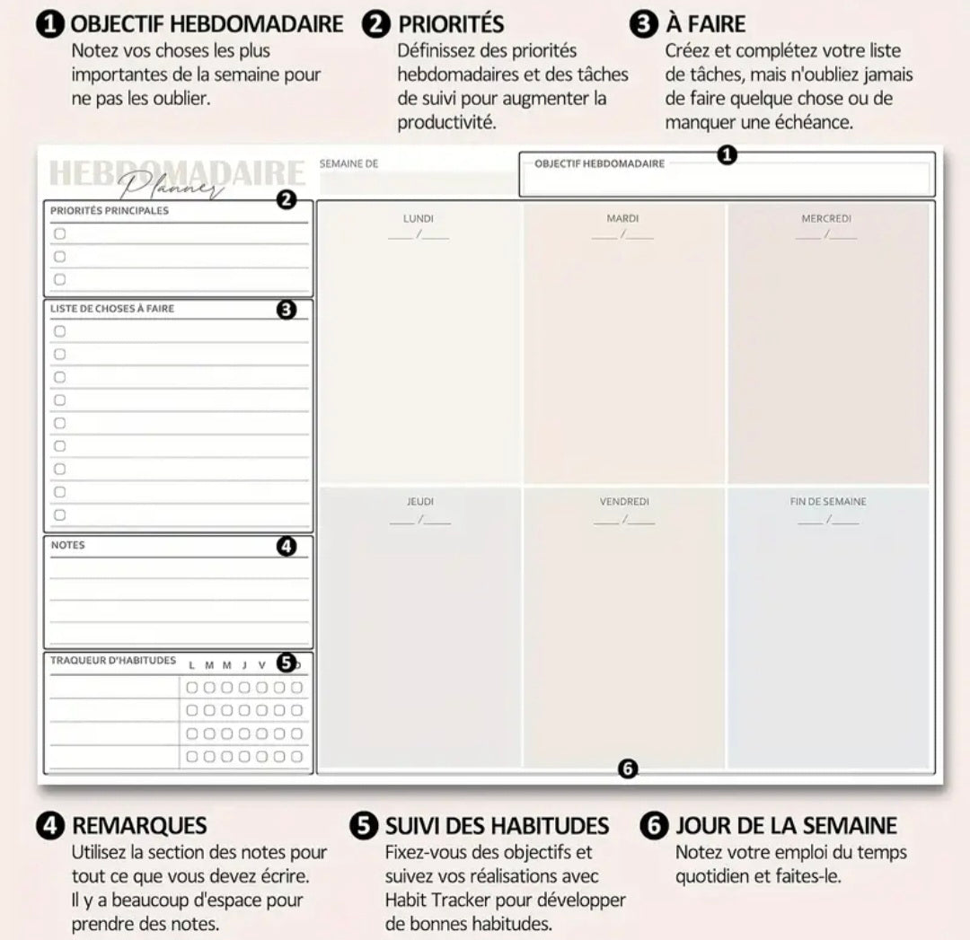 Planificateur hebdomadaire A4– Stylo motivant offert