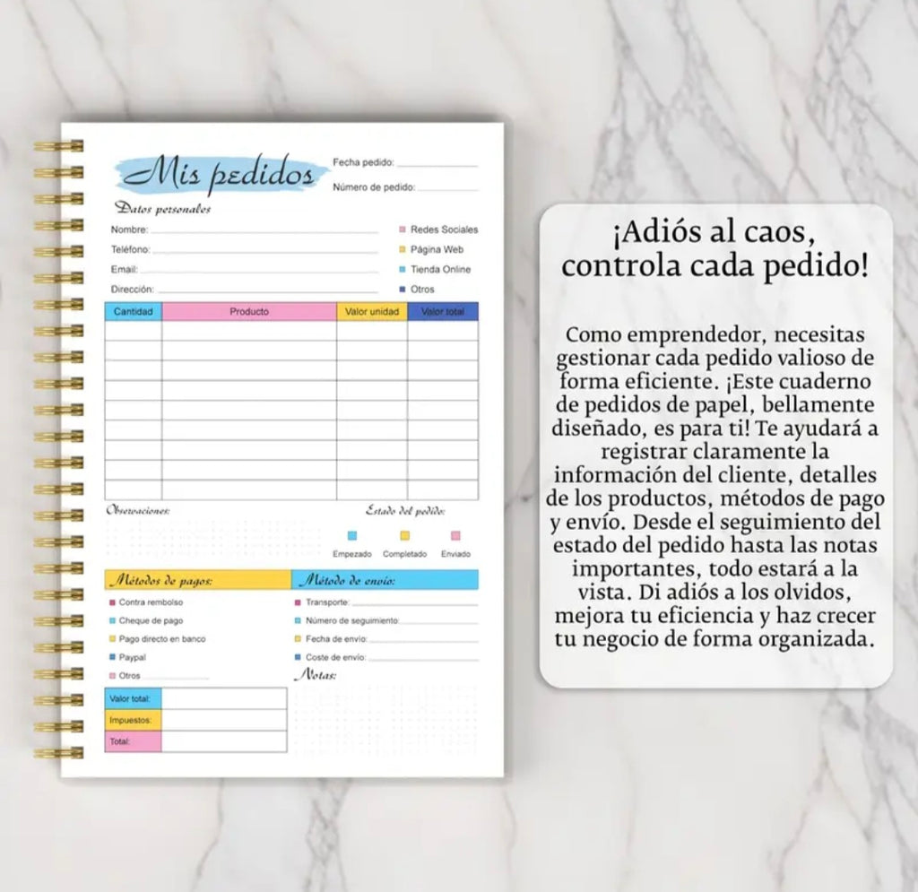 Carnet de suivi des commandes A5 en espagnol – Stylo motivant offert