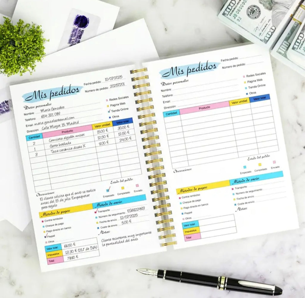 Carnet de suivi des commandes A5 en espagnol – Stylo motivant offert