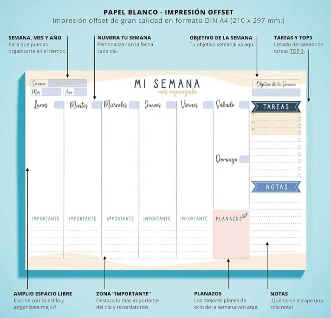 Planificateur hebdomadaire A4 en espagnol – Organisez votre semaine avec intention