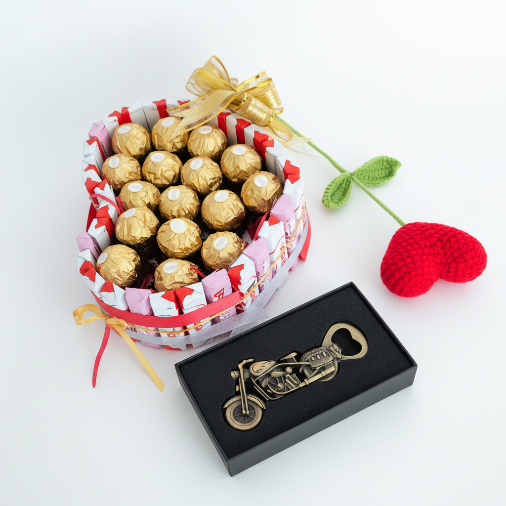 Boîte cœur artisanale avec chocolats Kinder Bueno et Ferrero Rocher + petit cœur au crochet