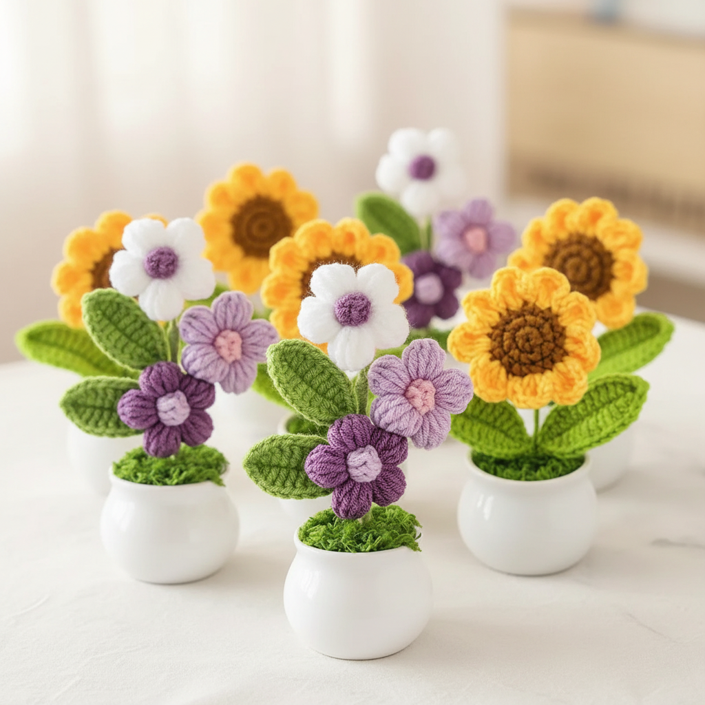 Set de fleurs au crochet : tournesols et marguerites lilas – Fait main avec amour