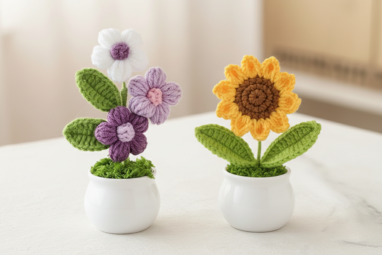 Set de fleurs au crochet : tournesols et marguerites lilas – Fait main avec amour
